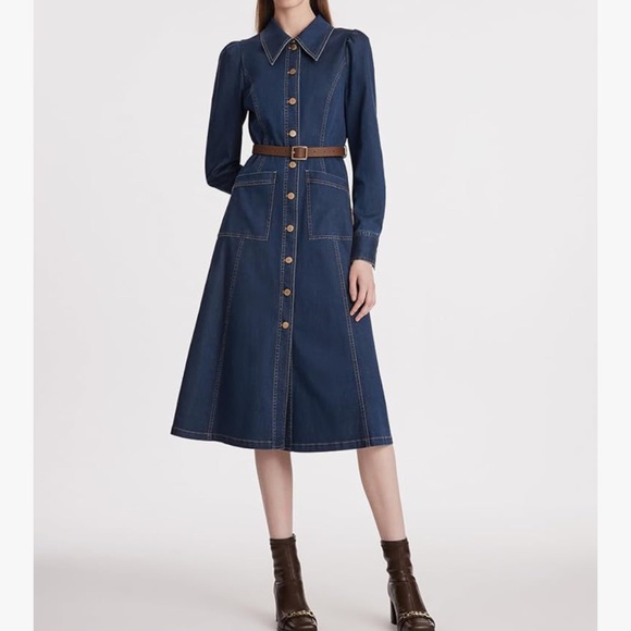 Women's Denim Dress Button Down Lapel Collar Casual Midi Dress with Belt - Picture 7 of 16